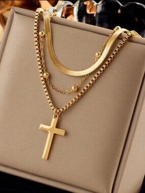 Gold plated stainless steel 1pc layered cross pendant chain necklace